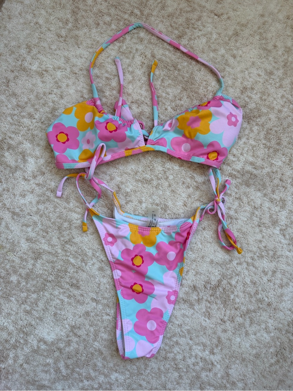 Floral Pink Two-Piece Bikini Swim Set (S) with Cover Up Tie